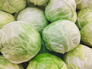 Fototapeta premium White cabbage on the counter of the store. Background from cabbage. selective focus