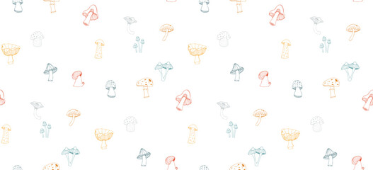 Hand drawn vector illustration. Seamless background for wrapping paper, baby clothes, cover design, interior. Abstract colorful patterns on a white background with mushrooms.