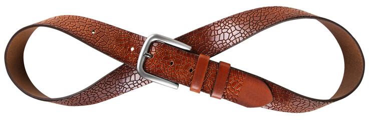 Rufous leather belt in shape of infinity sign isolated on transparent background. PNG. Top view