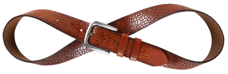 Rufous leather belt in shape of infinity sign isolated on transparent background. PNG. Top view
