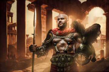 Fototapeta na wymiar Shot of antique gladiator dressed in armor holding long spear on abandoned ruins.