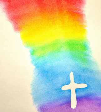 Generative ai illustration abstract watercolor paper background with rainbow colors and cross