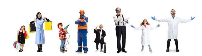 Set of different people of different professions standing in a line over white background. Shopaholic, builder, businessman, professor, teacher, doctor, scientist