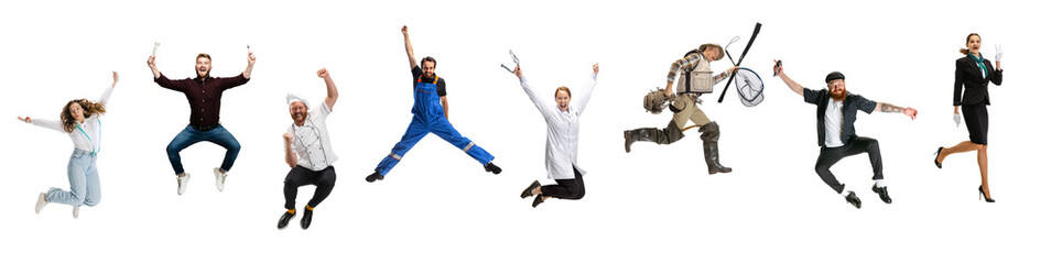 Set of different people of different professions in a line over white background. Seamstress,...