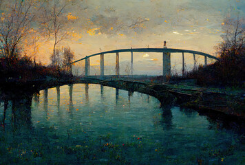 bridge and the water at dusk. Generative AI