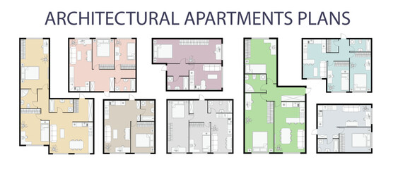 Floor plan color set. Architectural apartment project. One, two bedroom apartments. Interior design elements kitchen, bedroom, bathroom with icon symbols furniture. Vector architecture 2d floor plan. © Simeonn