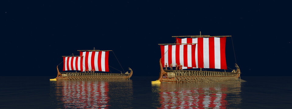 Antike griechische Ruderkriegsschiffe im offenen Meer bei Nacht