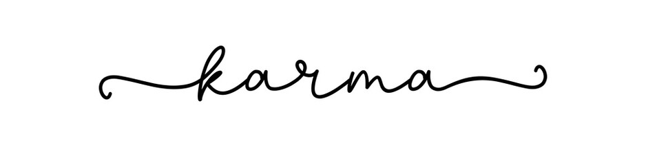 Karma. Lettering isolated script text. Design for social media post. Hand drawn illustration. Vector word karma.