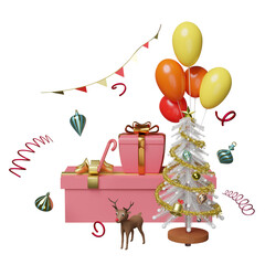 pink gift box with balloon, christmas tree, reindeer isolated. website, poster or Happiness cards, festive New Year concept, 3d illustration or 3d render