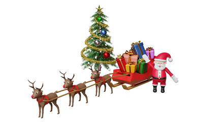 reindeer sleigh with santa claus, gift box, christmas tree isolated. website or poster or Happiness cards, banner and festive New Year, 3d illustration or 3d render