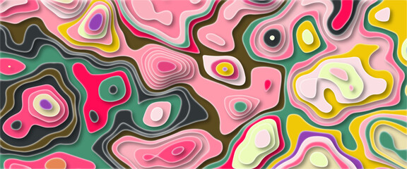Colorful papercut and multilayer cutout geometric pattern on vector. Beautiful topography concept or smooth origami shape paper texture. Abstract background with waves.