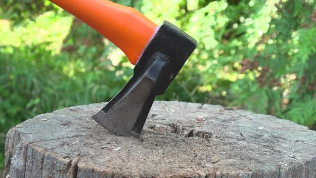 Lumberjack worker throw an ax in of a raw wood tree finish work