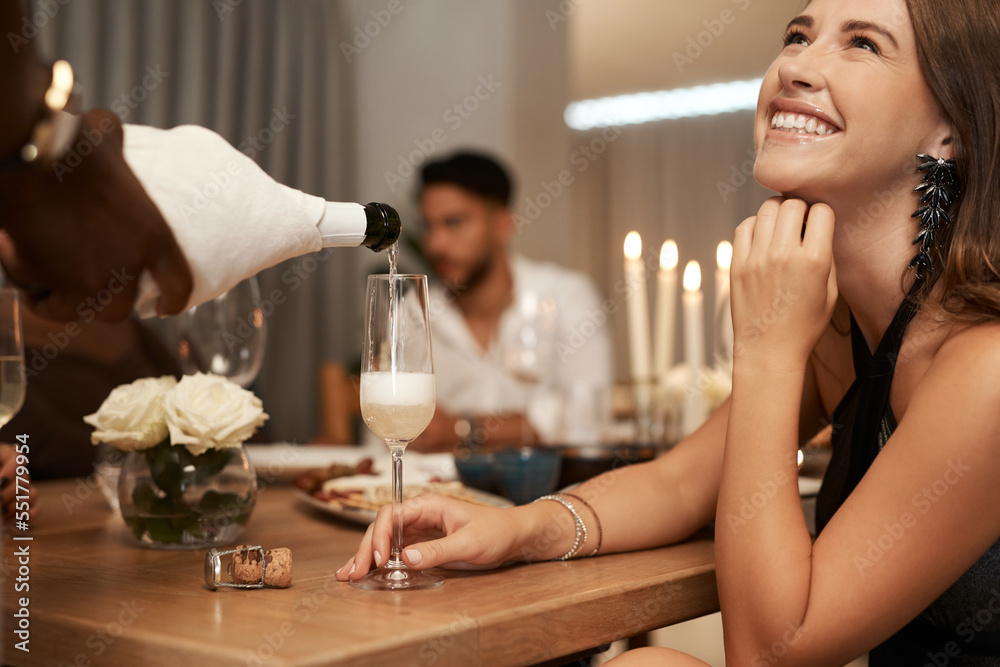 Poster Party, pouring champagne and woman at a dinner event with friends to celebrate New Years eve. Friendship, serving sparkling wine or alcohol at a fine dining gathering while celebrating