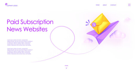 Paid subscription news websites banner. 3D render landing page with isometric paper plane, mail envelope and notification icon. Subscribe to newsletter, email messages service. 3D illustration