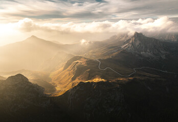Aerial view of Ra Gusela mountain from Giau pass, Cortina d'Ampezzo, Belluno province, Veneto, Italy. - 551780136