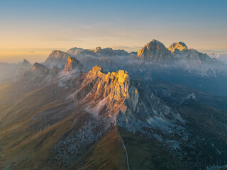 Aerial view of Ra Gusela mountain from Giau pass, Cortina d'Ampezzo, Belluno province, Veneto, Italy. - 551780171