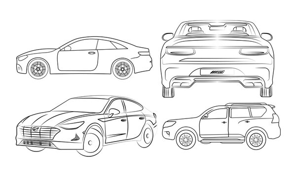 vector different views of modern car sketch.