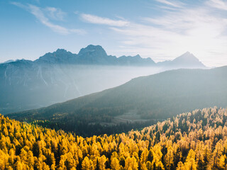 Aerial view on Antelao mountain with yellow larches. Cortiuna d'Ampezzo, Dolomites, Belluno province, Italy. - 551780325