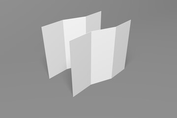 Fototapeta premium 3d realistically rendered tri-fold brochure mockup illustration. Two brochure mockup standing upright on isolated gray background.