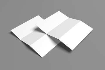 3D realistically rendered tri-fold brochure mockup drawing. Two brochure mockups standing on isolated gray background.