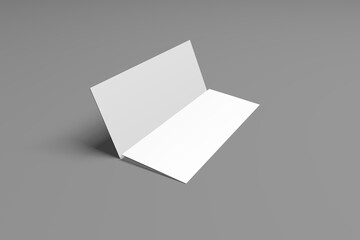 3D realistically rendered tri-fold brochure mockup drawing. Brochure mockup standing on isolated gray background.