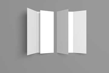 3D realistically rendered tri-fold brochure mockup drawing. Two brochure mockups standing on isolated gray background.