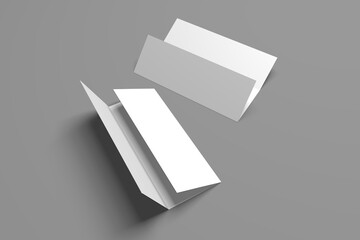 3D realistically rendered tri-fold brochure mockup drawing. Two brochure mockups standing on isolated gray background.