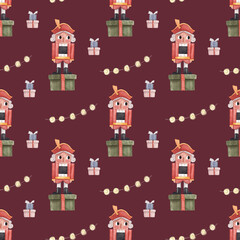 Watercolor pattern with a nutcracker, New Year's pattern on a dark background. Nutcracker, gifts, garlands. Pattern for printing on wrapping paper, fabric, postcards, scrapbooking