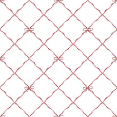 Fototapeta premium Watercolor pattern with red ribbons, vintage pattern with ribbons, watercolor seamless pattern, for printing on fabric, wrapping paper
