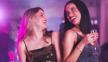 Music, neon and friends dance at party, club or New Year celebration event with drinks, alcohol or...