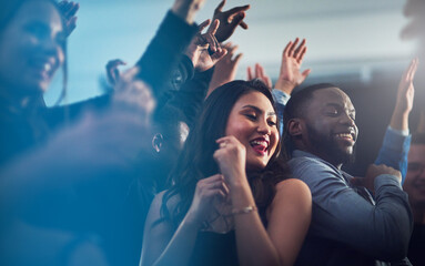 Love, couple and dancing at a party, happiness and bonding together. Concert, man and woman dance,...