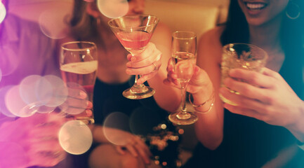 Drinks, toast and friends party celebration in nightclub together for birthday, new year event or...