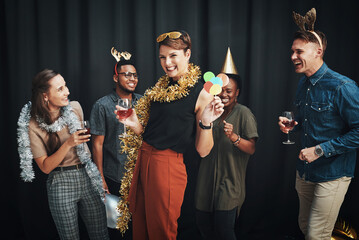 Party, friends and holiday photobooth portrait of office christmas party or new year. Diversity,...