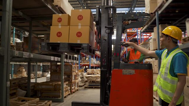 4K, A forklift driver operates a forklift truck lifting crates of goods onto the shelves in a large factory. colleagues to advise and watch out for accidents nearby and everyone wears a safety shirt.