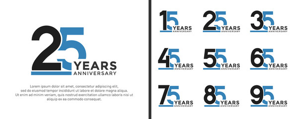 set of anniversary logo style flat black and blue color for celebration