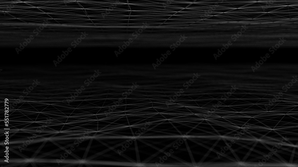 Poster wave of digital particles on a black background. abstract interlacing lines and points. digital conn