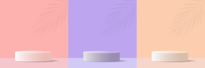 A set of beige, pale pink, pale purple realistic 3d cylinder podiums on a pedestal in pastel colorful abstract rooms. Vector rendering of geometric shapes. Minimal wall stage. Product showcase.