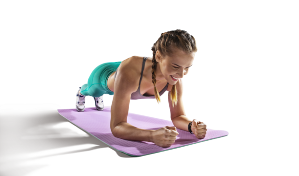 Beautiful woman at the gym doing fitness exercises. Sports transparent background.	