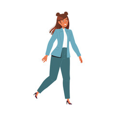 Woman Office Employee in Blue Jacket Walking Forward Vector Illustration