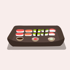 Japanese national sushi cuisine with soy sauce ginger and seasoning with chopsticks