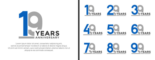 set of anniversary logo style flat blue and grey color for celebration
