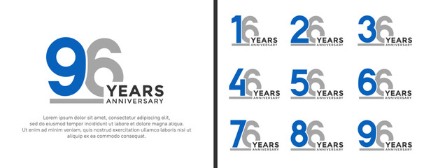 set of anniversary logo style flat blue and grey color for celebration