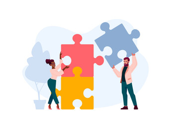 Collective Work, Cooperation Concept with Office People Work Together Connect Huge Colorful Separated Puzzle Pieces