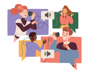 Man and Woman Characters Speaking by Phone Having Connections with Each Other Engaged in Social Interaction Vector Illustration