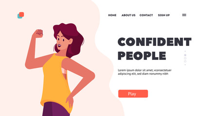 Confident People Landing Page Template. Successful Happy Female Character Show Powerful Hand Gesture Perform Muscles