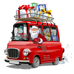 Christmas card with cartoon retro Christmas van - 551784157