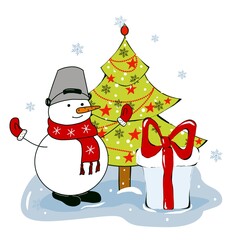 Snowman with a Christmas tree and gifts. Design for Christmas card or invitation template. Illustration, flat design.