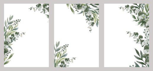 Watercolor floral template. Greenery leaves and branches. Design element for wedding invitation and greetings card