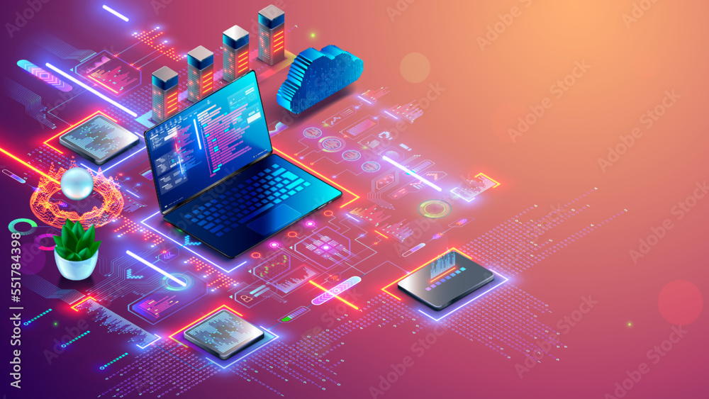 Aufkleber Technology of computer network, digital infrastructure IT business. Isometric illustration of laptop with software code on screen, internet communication with servers, digital cloud, hardware devices.