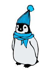 A little penguin in a hat. Drawing by hand.